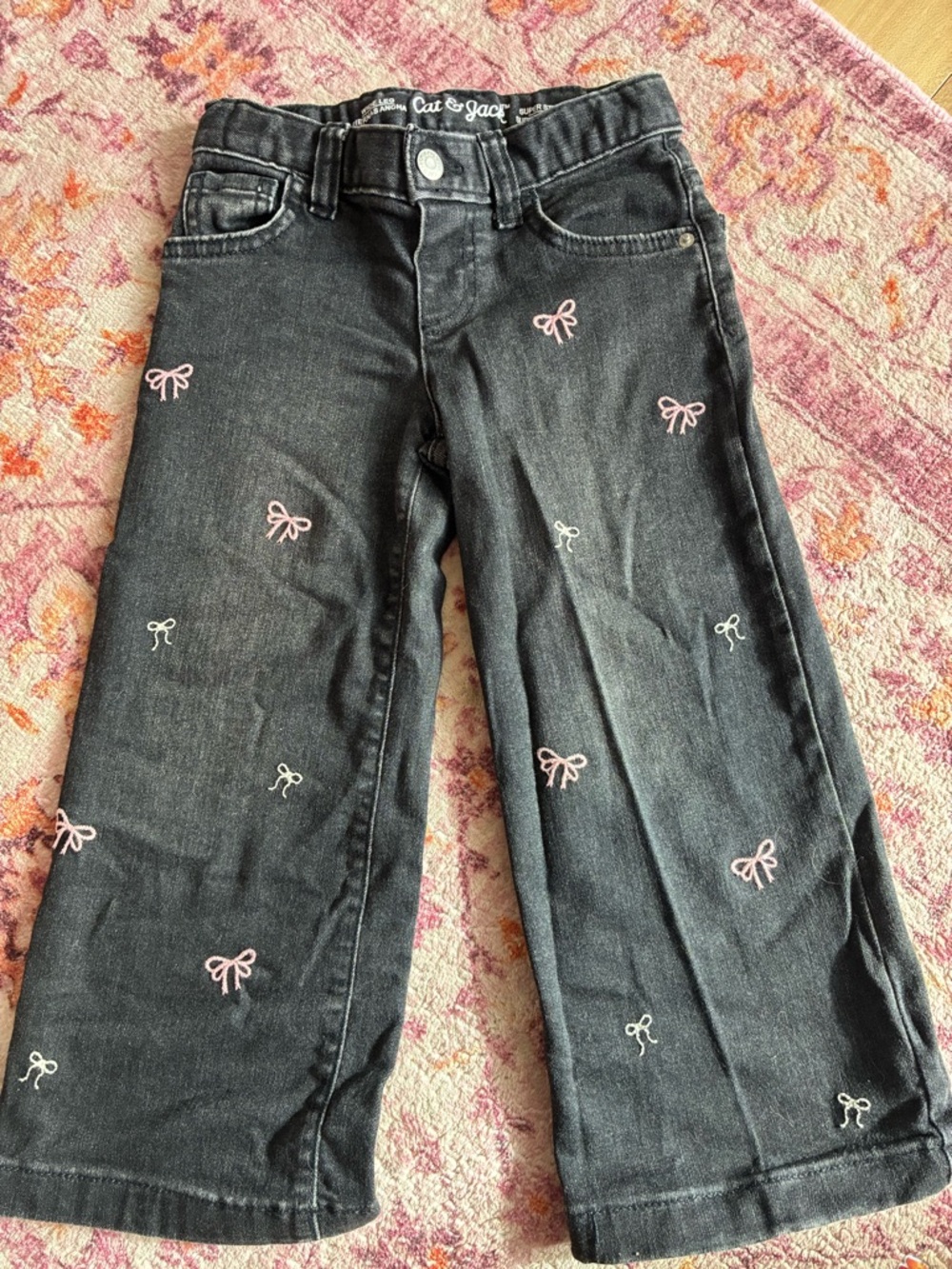 Cat & Jack Black Wide-Leg Jeans with Pink Bow Embroidery